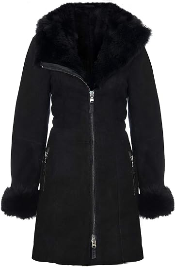 Infinity Leather Women's Black Hooded Suede Merino Shearling Sheepskin Toscana Jacket Coat
