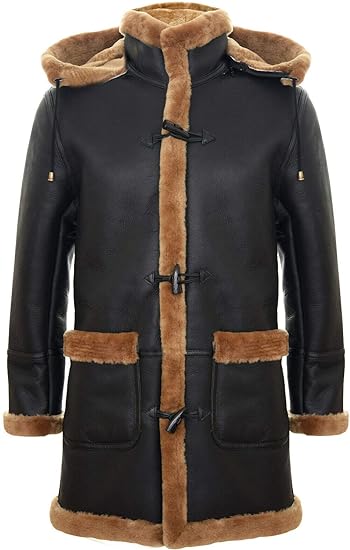 Men's Warm Winter Long Real Sheepskin Leather Ginger Brown Hooded Duffle Coat