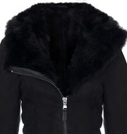 Infinity Leather Women's Black Hooded Suede Merino Shearling Sheepskin Toscana Jacket Coat