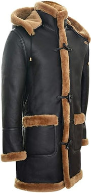 Men's Warm Winter Long Real Sheepskin Leather Ginger Brown Hooded Duffle Coat